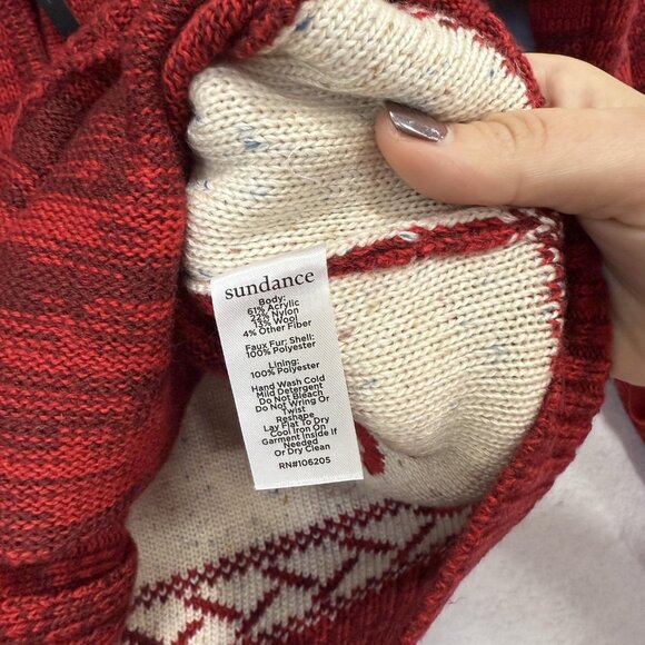 Sundance Sweater Womens Small Red Zip Cardigan Faux Fur Collar Wool Blend Nordic - Picture 7 of 9